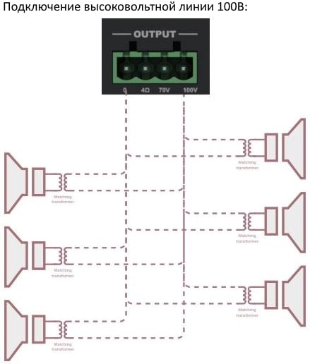 Схема подключения AUDAC COM104 для высоковольтной нагрузки