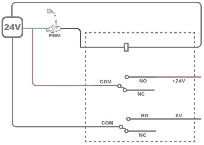 Схема подключения микрофона AUDAC PDM200 через реле с напряжением 24 В и 0 В